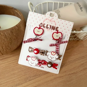 Lindo set de pinzas para el pelo con manzana y perrito con lazos rojos para niña