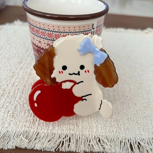 Pince à cheveux mignonne en acétate forme chien avec cœur rouge et nœud bleu élégant