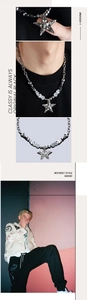Detailed view of pentagram star pendant with industrial style steel beaded chain necklace