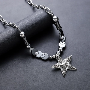 Stainless Steel Star Pendant Necklace With Hematite Beads And Artificial Pearls Punk Gothic Style For Men And Women