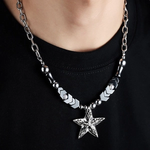 Star pendant necklace in silver stainless steel with industrial punk aesthetic for men