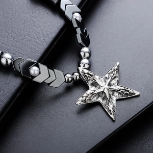 Gothic pentagram necklace with black hematite and white pearls for men and women