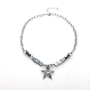 Star pendant necklace with hematite beads and punk gothic style titanium steel chain