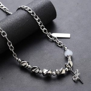 Titanium Steel Star Cross Pendant Necklace With Cat Eye Stone Rhinestone Geometric Splicing Chain Unisex Trendy Jewelry