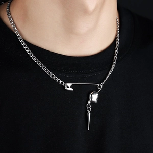 Collier Unisexe Hip Hop en Alliage Épingle de Sûreté Cœur Cône Pendentif Argent Punk Streetwear Bijoux Homme Femme