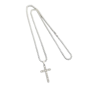 Mens iced out cross pendant necklace in silver stainless steel with box chain
