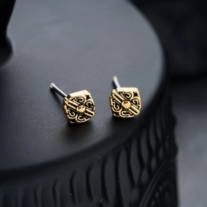 Vintage gold square stud earrings with auspicious cloud engraving and screw back closure