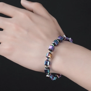 Rainbow magnetic hematite bead bracelet with cube stones on wrist for men and women