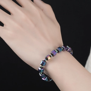 Rainbow hematite beaded bracelet with square magnetic stones and metallic colorful shine