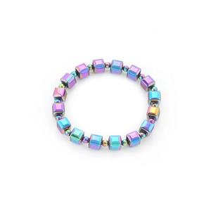 Rainbow magnetic hematite bead bracelet with square and round minimalist metallic charms