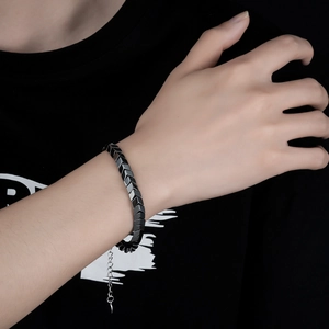 Macro shot of chevron hematite beaded bracelet with adjustable silver extension chain