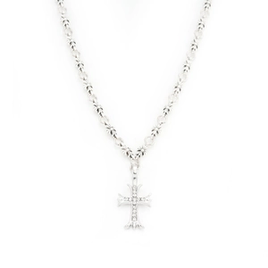 Gothic style silver cross necklace featuring sparkling zircons and artistic linked chain
