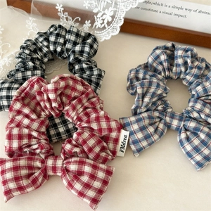 Korean Style Plaid Bowtie Scrunchies For Women Handmade Fabric Padded Elastic Hair Ties Grid Pattern Hair Bands Daily Accessories
