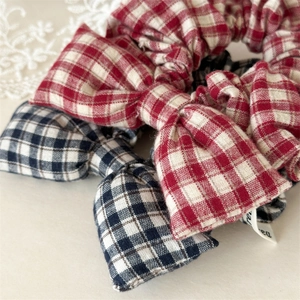 Korean style plaid bow scrunchies set in red and navy cotton fabric for hair styling