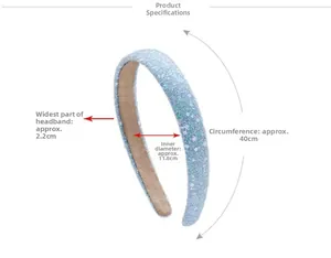 Detailed size specifications for blue sequin headband showing 11.8cm diameter and 2.2cm width