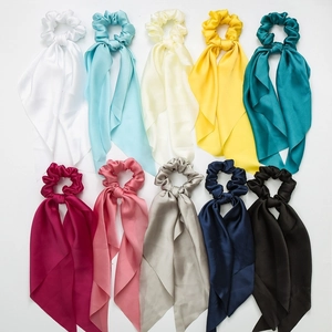 Set of 10 silk-like ponytail elastic hair scrunchies with long ribbons in assorted colors