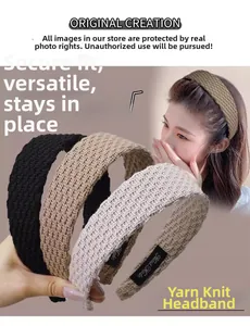 Detailed texture of thick knitted wide headbands with Handmade label for women