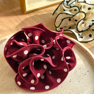 Retro burgundy and cream polka dot oversized chiffon scrunchie with layered ruffle edges