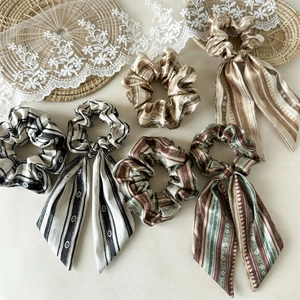 Vintage Ethnic Satin Scrunchies Ribbon Hair Ties Bohemian Polka Dot Striped Elastic Hair Rope Bow Headwear For Women