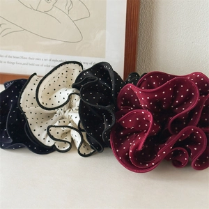 Polka dot chiffon scrunchies in navy, white, black and burgundy for elegant ponytails