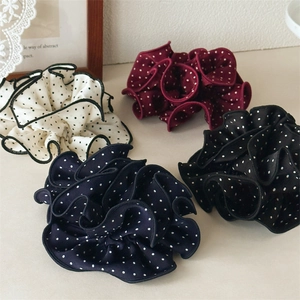 Polka dot scrunchie set in white, burgundy, navy, and black with high-elastic pleated fabric