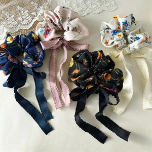 Sweet Floral Fabric Scrunchies With Long Ribbon Bow French Vintage Elastic Hair Ties For Women Pastoral Style Hair Accessories