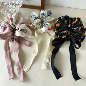 Floral print chiffon hair scrunchies with long ribbons in pink, cream and black