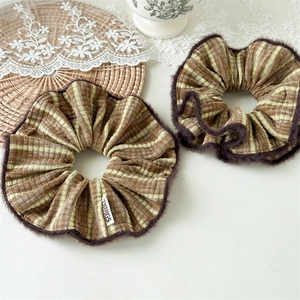Vintage Striped Polyester Scrunchie With Faux Fur Trim Winter Hair Ties For Women Korean Style Fashion Soft Stitched Tie