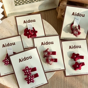 Kids Girls Red Star Hair Clips And Hair Ties Fabric Plaid Polka Dot Star Hairpins With Artificial Pearl Decor Children Hair Accessories