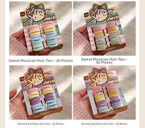 Detailaufnahme bunter nahtloser Nylon-Haargummis für Kinder in lebhaften Macaron-Sets