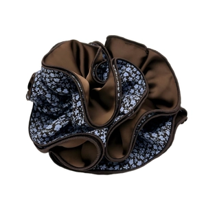 Dual-tone floral scrunchie in brown and blue satin fabric with pleated ruffle design