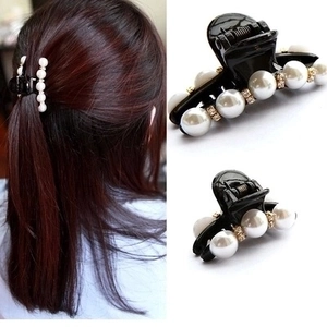 Korean Style Black Resin Hair Claw Clip With Faux Artificial Pearl And Rhinestones Elegant Hair Accessories For Women Daily Party Use
