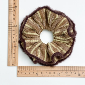 Winter striped plush hair scrunchie in brown, 12cm diameter oversized hair accessory