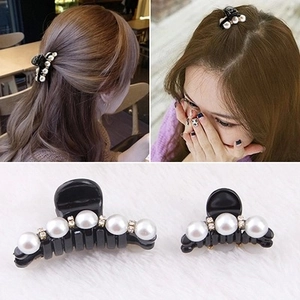 Elegant black hair claw clips with pearls and rhinestones in large and small sizes
