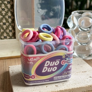 Colorful elastic hair ties for kids in a transparent box, made of high-stretch fiber
