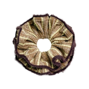 Winter striped knit hair scrunchie with brown faux fur trim for elegant bun hairstyles