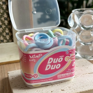 Macro shot of colorful macaque high-elasticity hair ties in a transparent box packaging