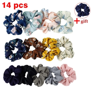 Set of 14 floral and solid chiffon scrunchies for women with an extra gift included