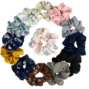 Set of floral and solid chiffon scrunchies in various colors for women and girls