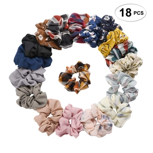 18 PCS floral and plaid chiffon scrunchies set in various colors and patterns
