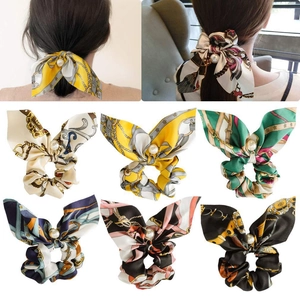 Elegant satin bow scrunchie with pearl charm and vintage chain pattern in six colors