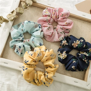 Floral chiffon hair scrunchies set in pastel colors with elastic bands for women