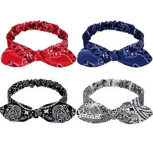 Vintage Paisley Print Rabbit Ears Hair Band For Women Elastic Fabric Bow Headband Boho Style Face Wash Hair Accessory