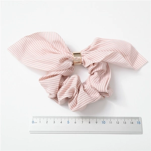 Pink and white striped chiffon bow scrunchie with a gold metal ring detail