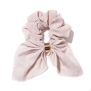 Pink and white striped chiffon scrunchie with bunny ears and a golden metal buckle