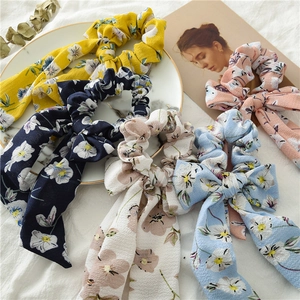 Set of floral chiffon bow hair scrunchies with long streamers in five pastel colors
