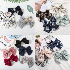 Three-layer chiffon floral and solid bow hair clips in multiple colors for women