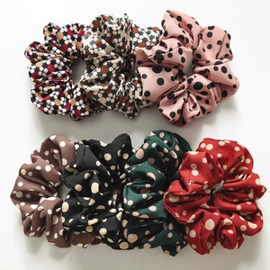 Fashion Polka Dot Floral Scrunchies For Women Large Elastic Hair Bands Fabric Hair Ties Vintage Pleated Ponytail Holder