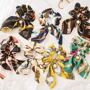 Elegant Satin Bow Ribbon Hair Scrunchies With Large Faux Artificial Pearl Pendant Vintage Chain Print Long Streamers Elastic Ties