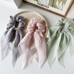 Three-piece pleated chiffon bow scrunchies with long ribbons and gold metal buckles